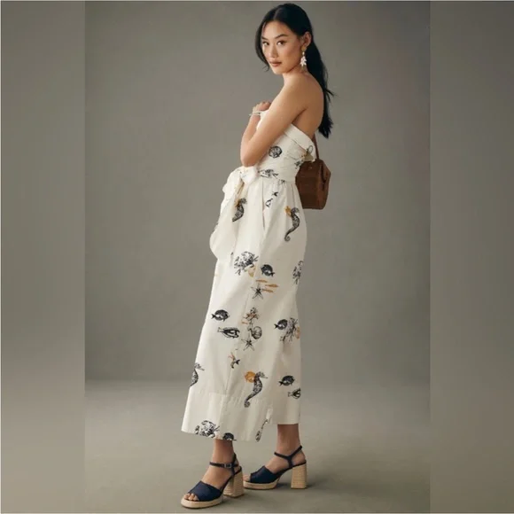 Anthropologie Maeve Sea Creatures Strapless Buttondown Wide-Leg Jumpsuit - Picture 4 of 16